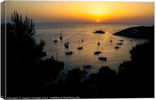  Several pleasure boats anchored in a cove on the island of Ibiz Canvas Print by Joaquin Corbalan