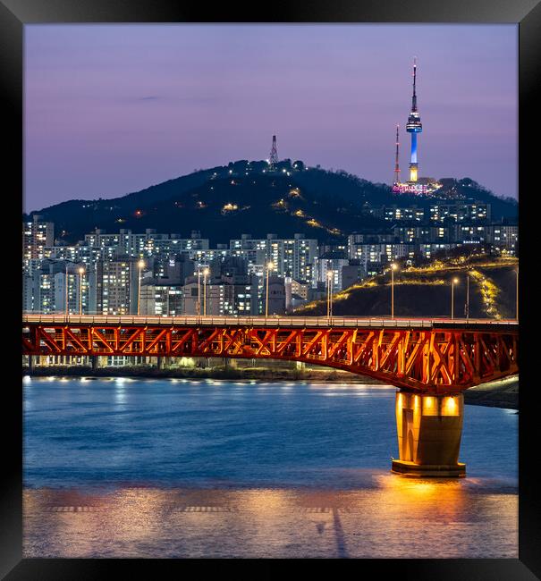 Han river and Seoul Tower on Namsan Mountain in central Seoul South Korea Framed Print by Mirko Kuzmanovic