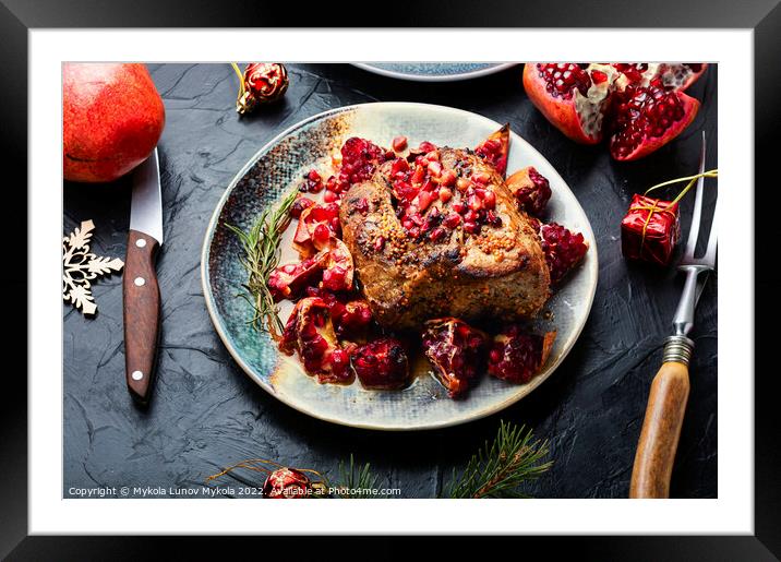 Pork meat fried with pomegranate Framed Mounted Print by Mykola Lunov Mykola
