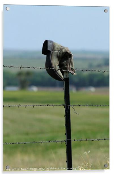 Cowboy boot on a fence with grass Acrylic by Robert Brozek