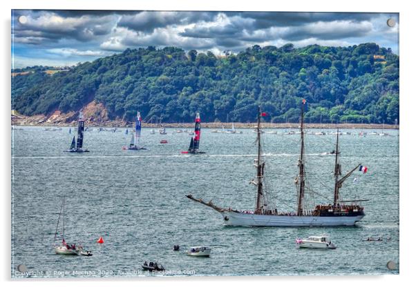 Sailing Rivalries in Plymouth Sound Acrylic by Roger Mechan