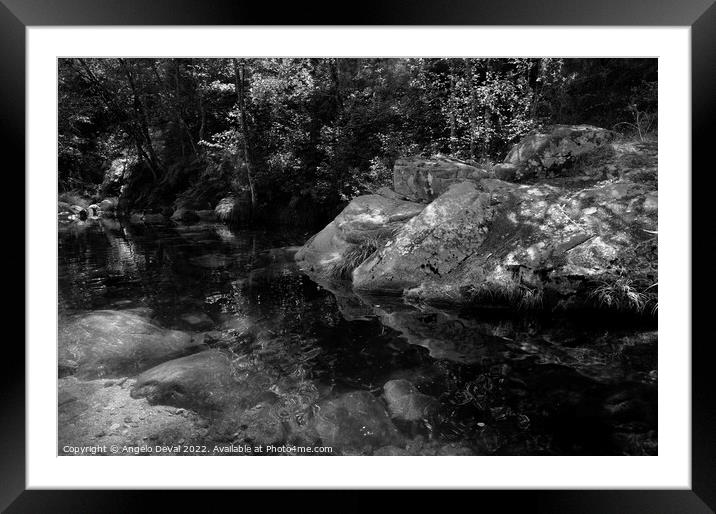 Rocks and peaceful river in Carvalhais with monochrome Framed Mounted Print by Angelo DeVal