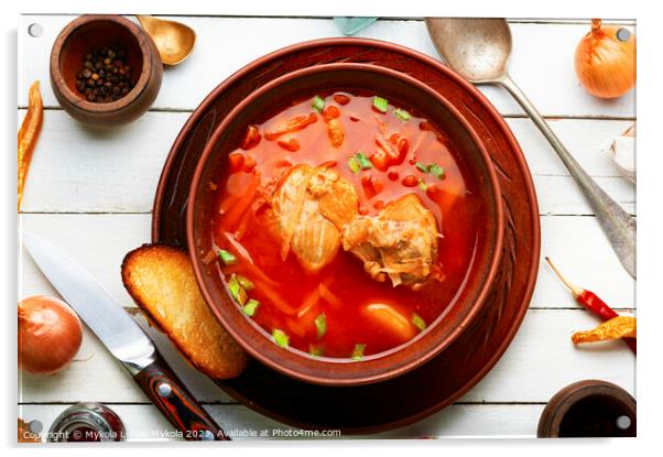 Red Ukrainian borscht, dinner Acrylic by Mykola Lunov Mykola