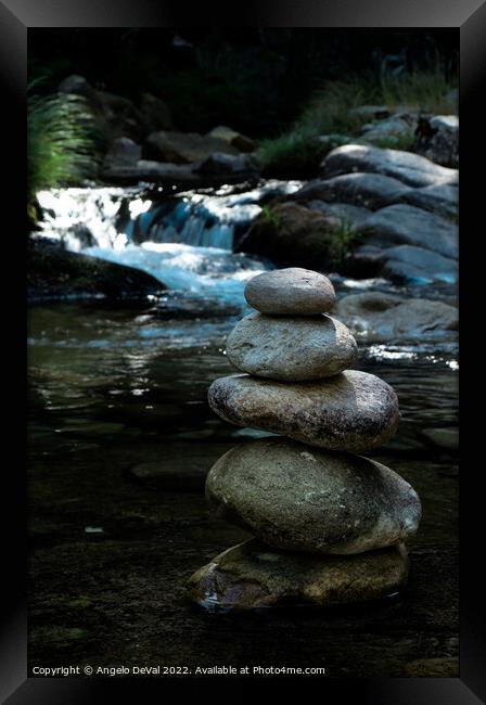 Zen rocks in Gralheira river and water flow Framed Print by Angelo DeVal
