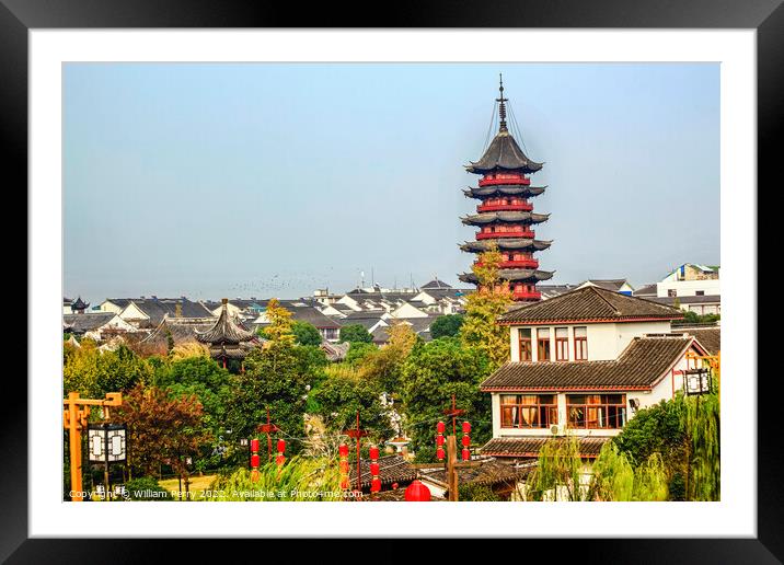 Ancient Chinese Ruigang Pagoda Rooftops Suzhou China Framed Mounted Print by William Perry