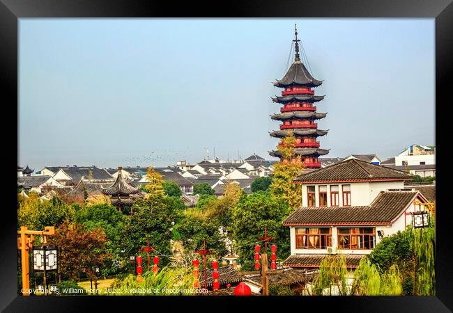 Ancient Chinese Ruigang Pagoda Rooftops Suzhou China Framed Print by William Perry