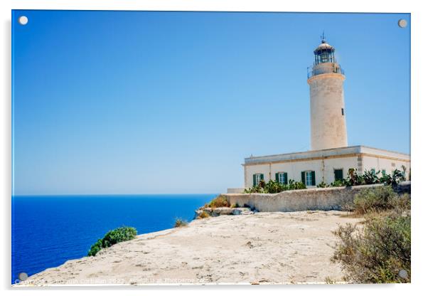 Formentera's lighthouse next to the sea cliff illuminates the co Acrylic by Joaquin Corbalan