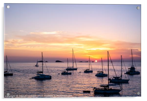 Several yachts and boats anchored near the coast relax watching  Acrylic by Joaquin Corbalan