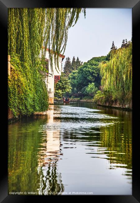 Boat Canal Ancient Chinese Houses Reflection Suzhou China Framed Print by William Perry