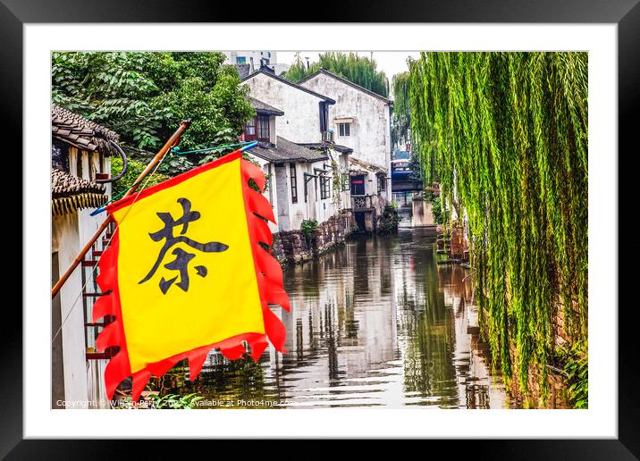 Ancient Chinese Houses Teahouse Flag Reflection Canals Suzhou Ch Framed Mounted Print by William Perry