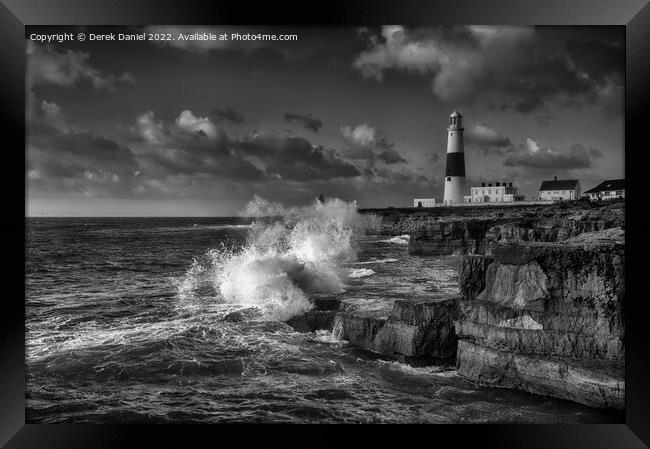 Stormy seas at Portland Bill Lighthouse (mono) Framed Print by Derek Daniel