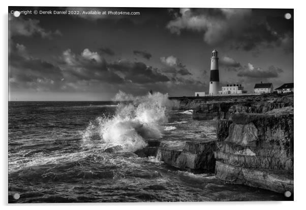 Stormy seas at Portland Bill Lighthouse (mono) Acrylic by Derek Daniel