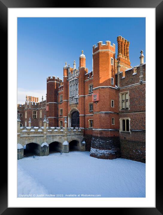 Hampton Court Palace in the snow Framed Mounted Print by Justin Foulkes