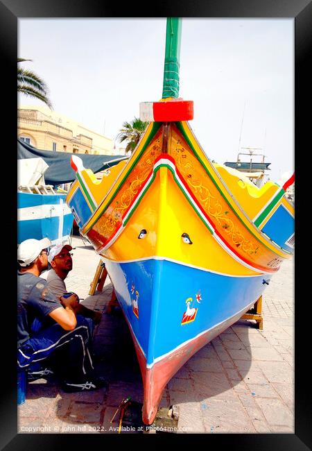 Traditional Maltese fishing boat. (portrait) Framed Print by john hill