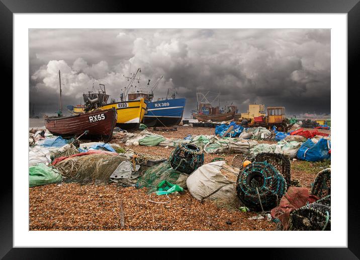 Fishing Boats and Nets on Hastings Beach Framed Mounted Print by Sally Wallis