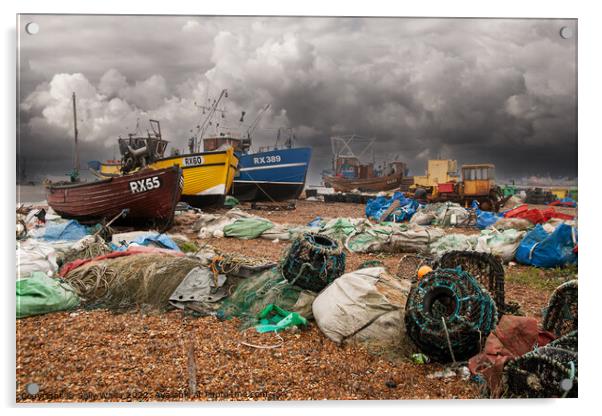 Fishing Boats and Nets on Hastings Beach Acrylic by Sally Wallis