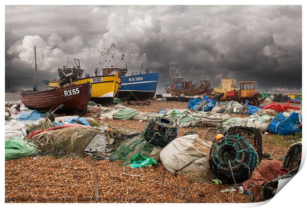 Fishing Boats and Nets on Hastings Beach Print by Sally Wallis