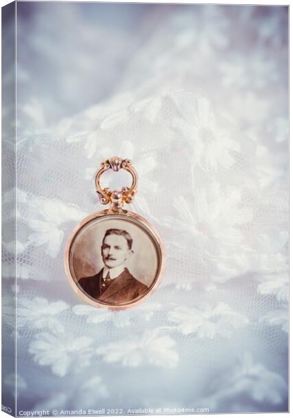 Antique gold photo locket with portrait of gentleman Canvas Print by Amanda Elwell