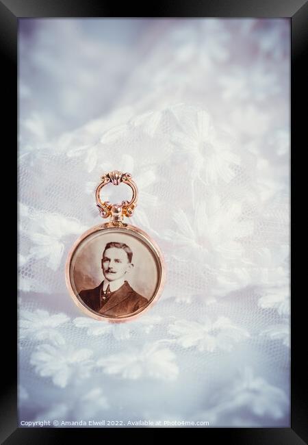 Antique gold photo locket with portrait of gentleman Framed Print by Amanda Elwell