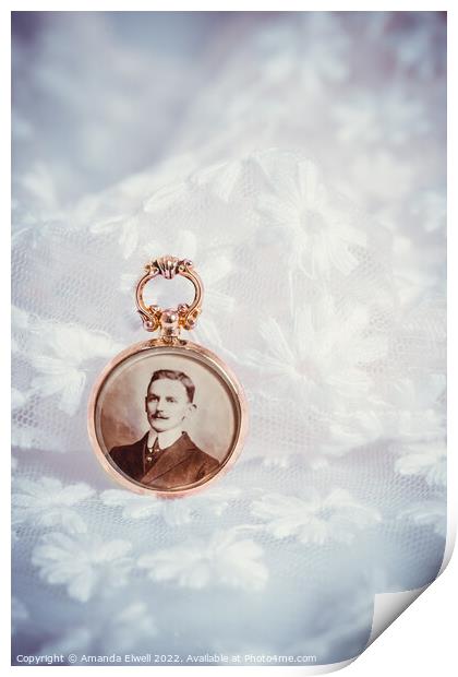 Antique gold photo locket with portrait of gentleman Print by Amanda Elwell