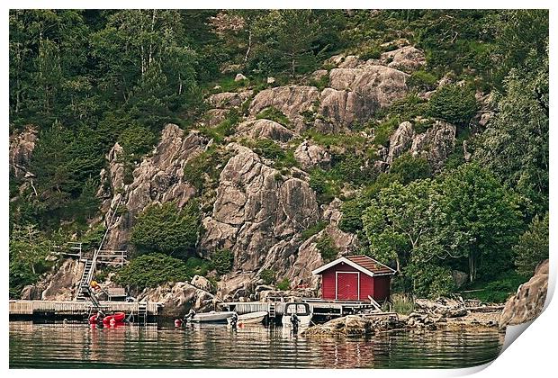 Lysefjord Boathouse Norway Print by Martyn Arnold