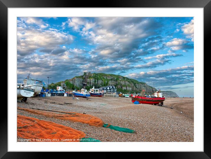 Fishing Boats On Hastings Beach With Evening Sky Framed Mounted Print by Rick Lindley