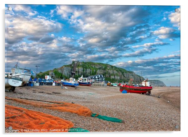Fishing Boats On Hastings Beach With Evening Sky Acrylic by Rick Lindley