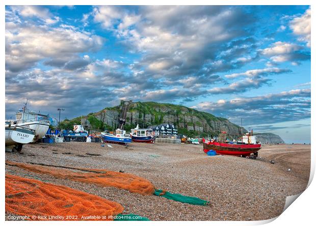 Fishing Boats On Hastings Beach With Evening Sky Print by Rick Lindley