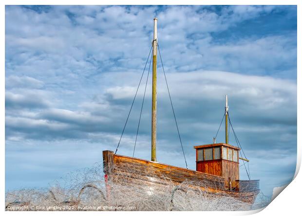 A Fishing Boat On A Sea Of Fishing Nets Print by Rick Lindley