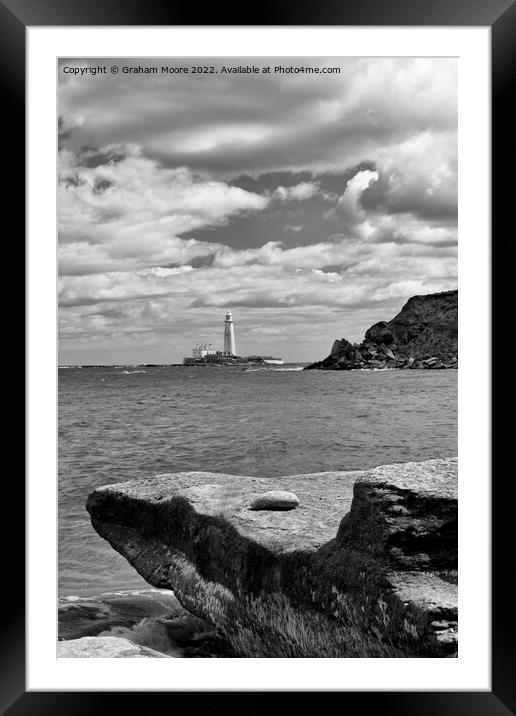 St Marys lighthouse from old hartley monochrome Framed Mounted Print by Graham Moore