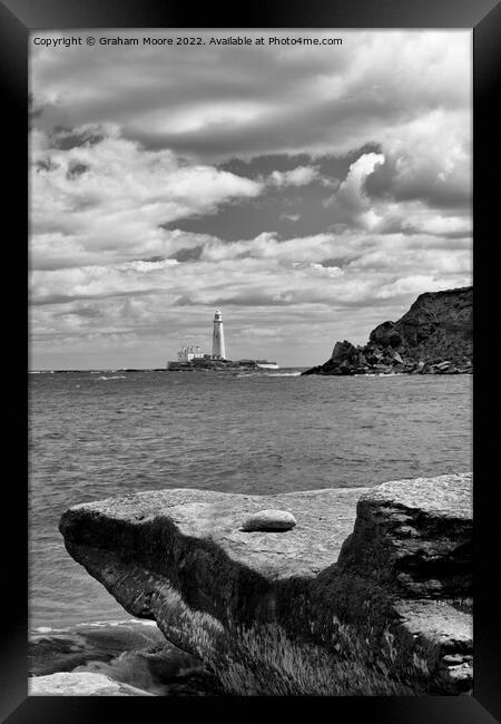 St Marys lighthouse from old hartley monochrome Framed Print by Graham Moore
