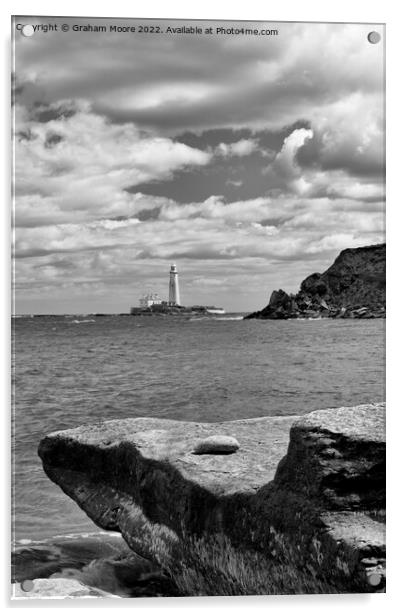 St Marys lighthouse from old hartley monochrome Acrylic by Graham Moore