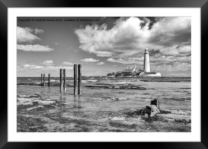 St Marys lighthouse monochrome Framed Mounted Print by Graham Moore