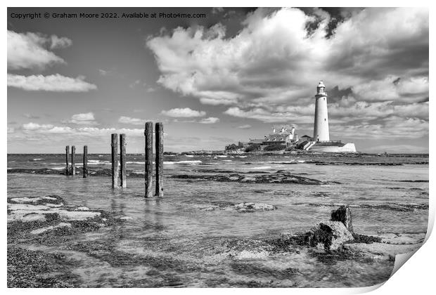 St Marys lighthouse monochrome Print by Graham Moore
