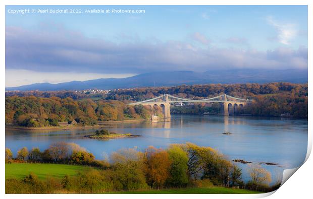 Menai Strait and Bridge in Autumn Anglesey Print by Pearl Bucknall