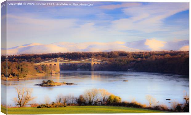 Menai Strait and Bridge in Winter Anglesey Canvas Print by Pearl Bucknall