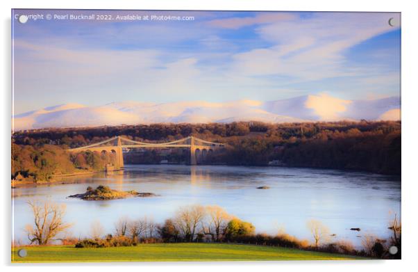 Menai Strait and Bridge in Winter Anglesey Acrylic by Pearl Bucknall