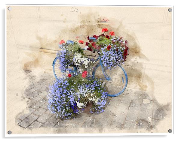 Exeter Bicycle Flowers - watercolour #2 Acrylic by Graham Lathbury