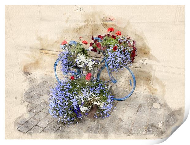 Exeter Bicycle Flowers - watercolour #2 Print by Graham Lathbury
