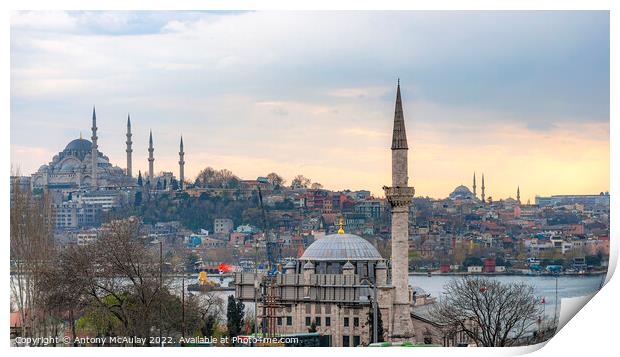 Istanbul Suleymaniye Mosque at Sunset Panorama Print by Antony McAulay