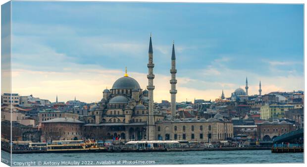 Istanbul Yeni Cami Mosque at Dusk Panorama Canvas Print by Antony McAulay