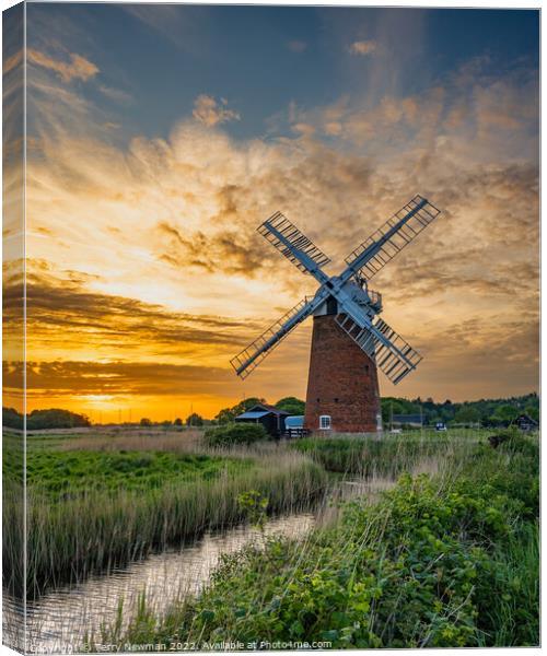 Majestic Horsey Windpump at Sunset Canvas Print by Terry Newman