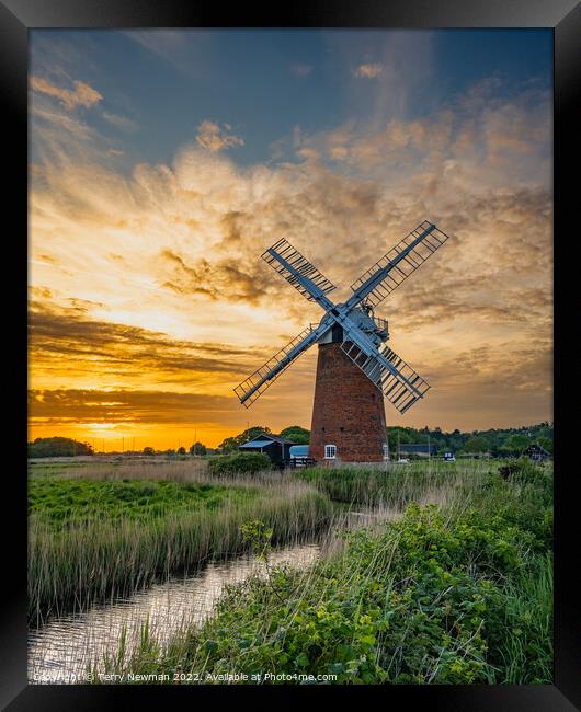 Majestic Horsey Windpump at Sunset Framed Print by Terry Newman