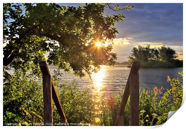 Beautiful and romantic sunset at a lake in yellow and orange col Print by Michael Piepgras