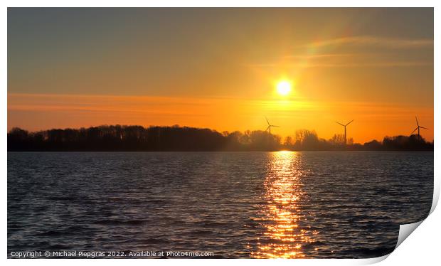 Beautiful and romantic sunset at a lake in yellow and orange col Print by Michael Piepgras