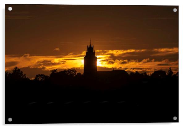 Sunset behind St Andrew's church, Sutton-in-the-Isle, Cambridges Acrylic by Andrew Sharpe