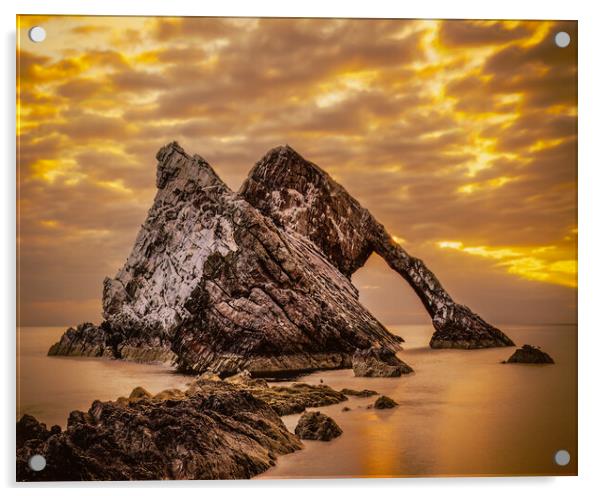 Sunrise at Bow Fiddle Rock in Scotland Acrylic by DAVID FRANCIS