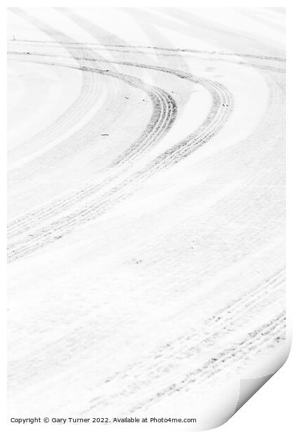 Curving tracks in the snow Print by Gary Turner