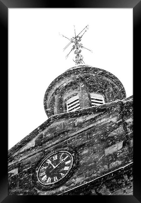 Church clock in the snow Framed Print by Gary Turner