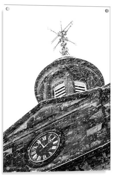 Church clock in the snow Acrylic by Gary Turner
